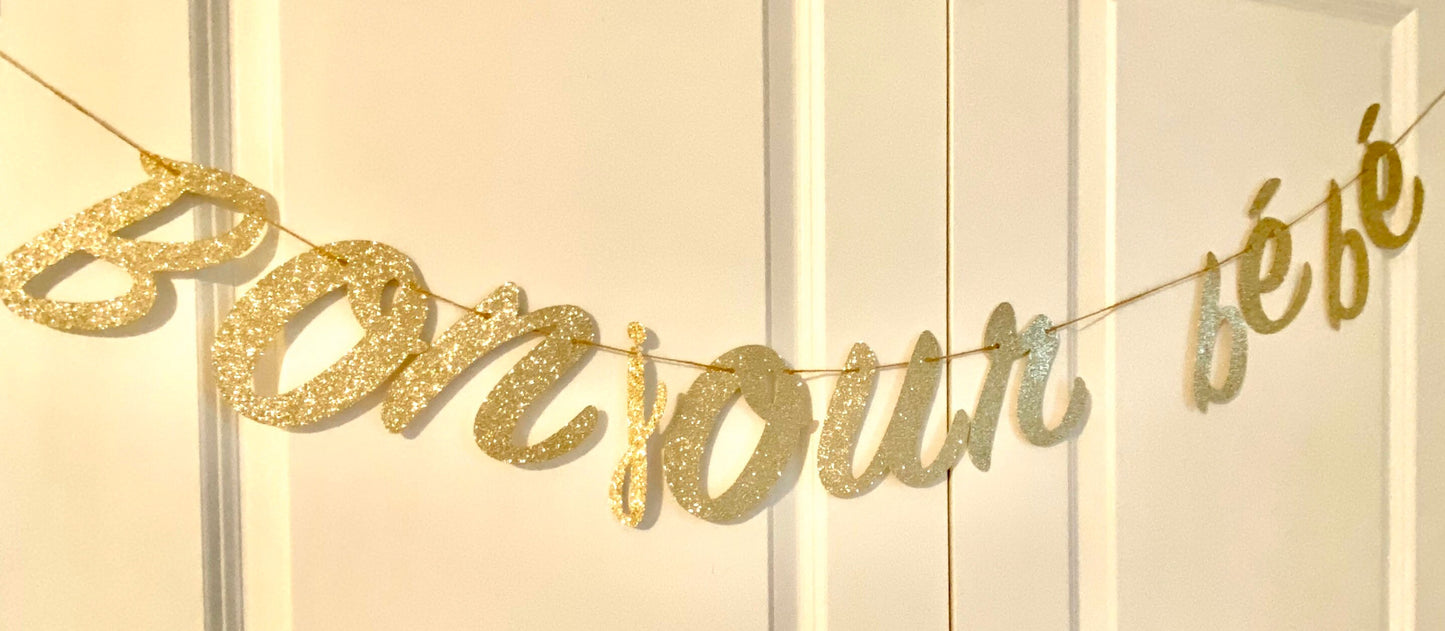 Bonjour Bebe glitter gold banner, french baby shower decoration, Eiffel Tower shower (Gold)