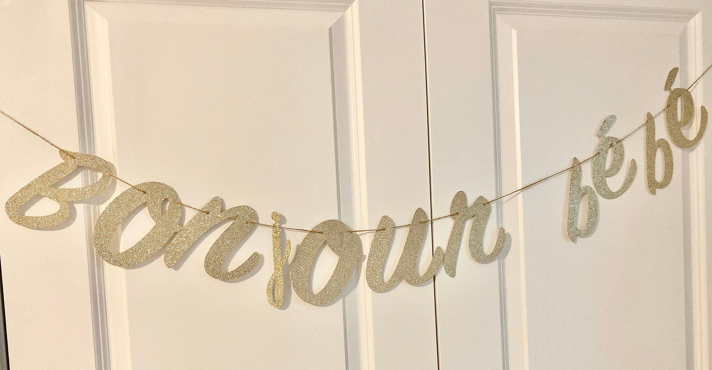 Bonjour Bebe glitter gold banner, french baby shower decoration, Eiffel Tower shower (Gold)