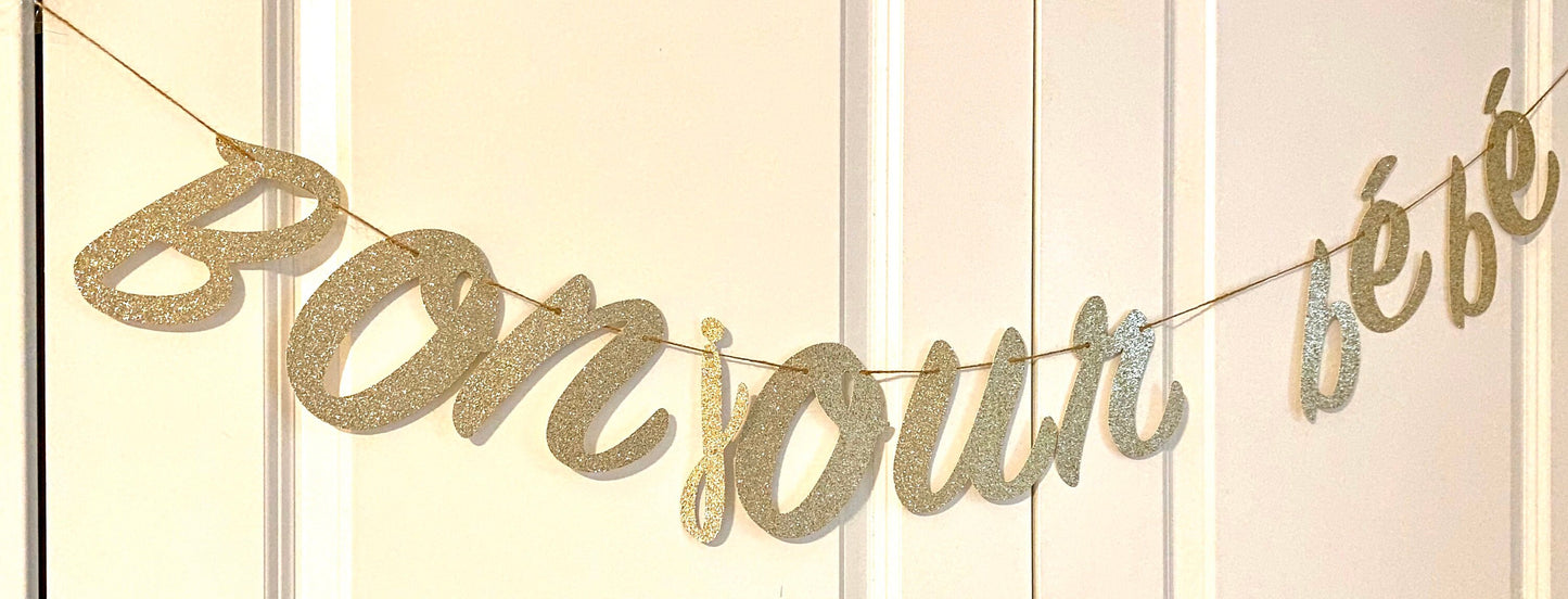 Bonjour Bebe glitter gold banner, french baby shower decoration, Eiffel Tower shower (Gold)