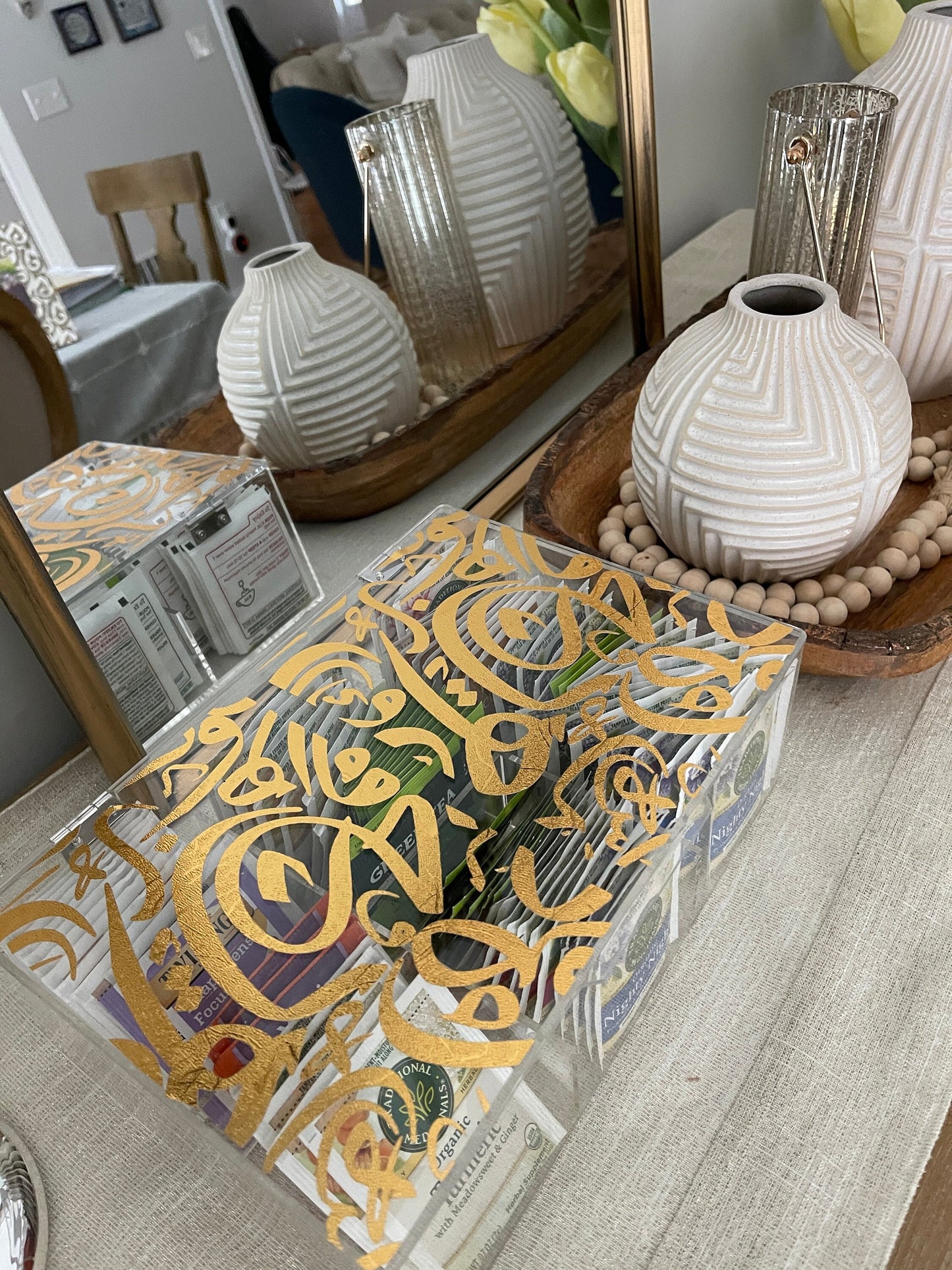 Islamic calligraphy tea box, acrylic tea box, gold plastic box for tea bags, Ramadan decoration tea storage