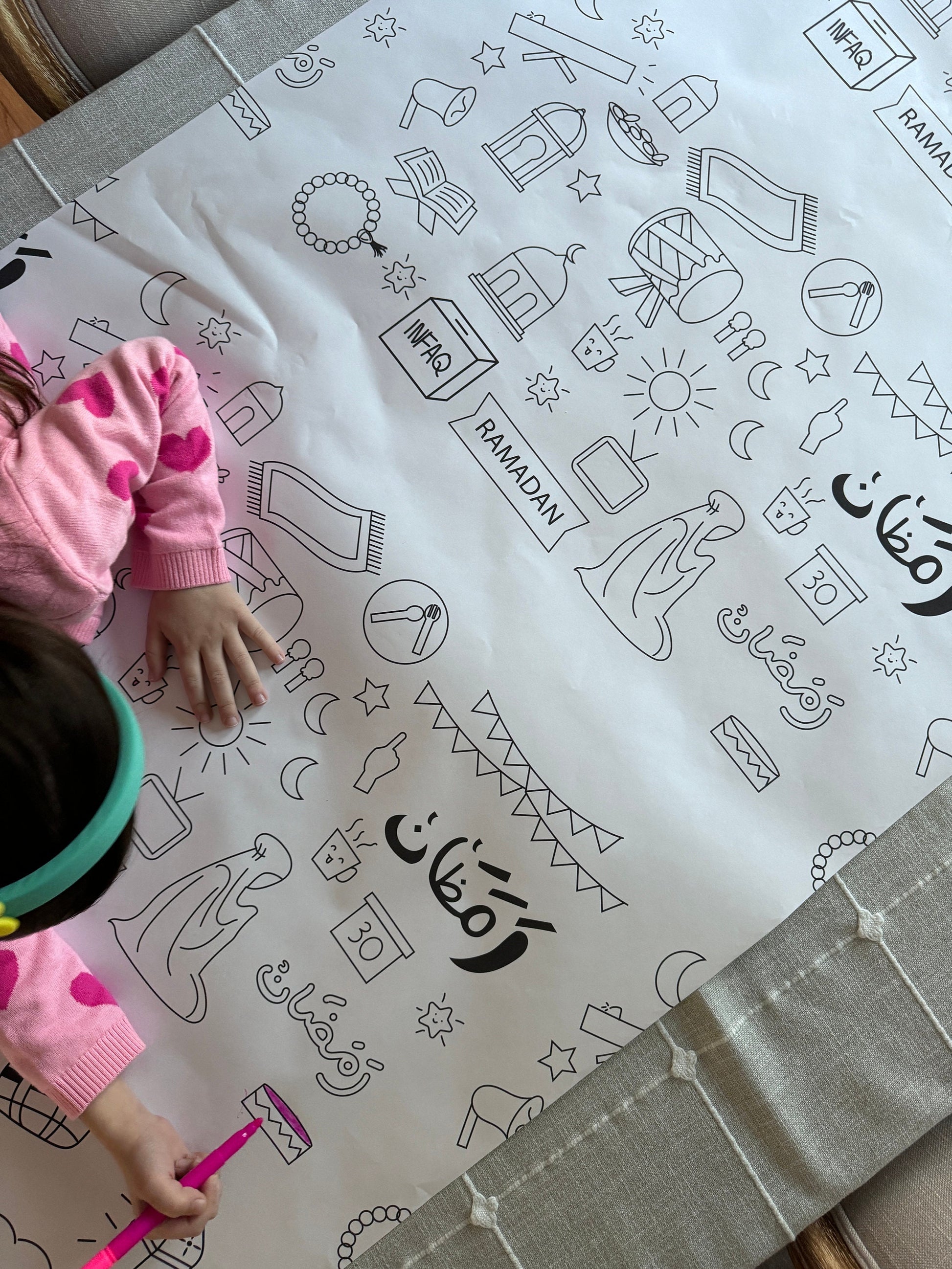 Color your own Ramadan table cover, Giant coloring table runner for kids, coloring poster for Ramadan, Ramadan Decoration Kids Activity