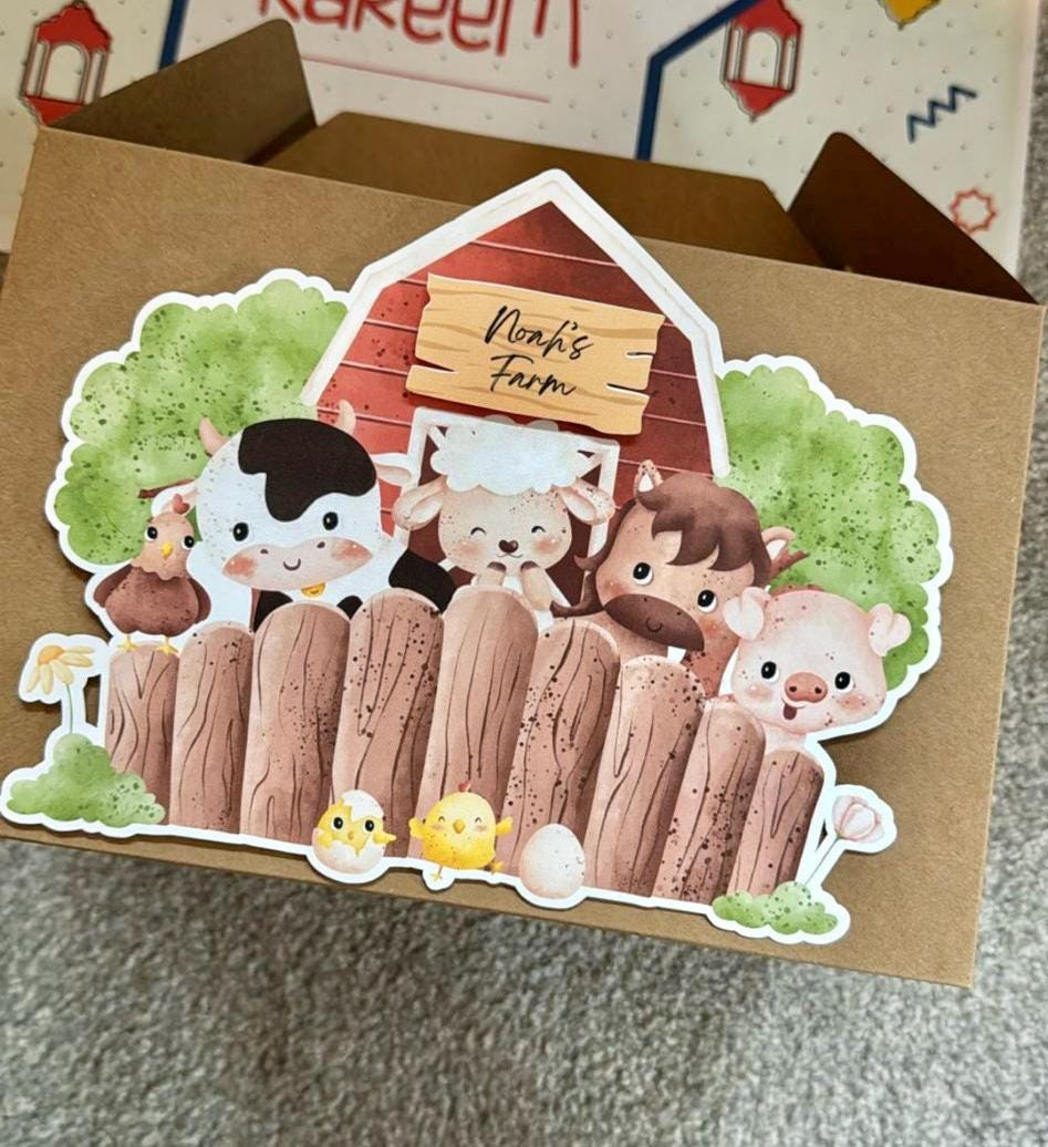 Personalized farm favor boxes, custom barn gable box, goodie bags, barnyard birthday, birthday party bag, farm party favor