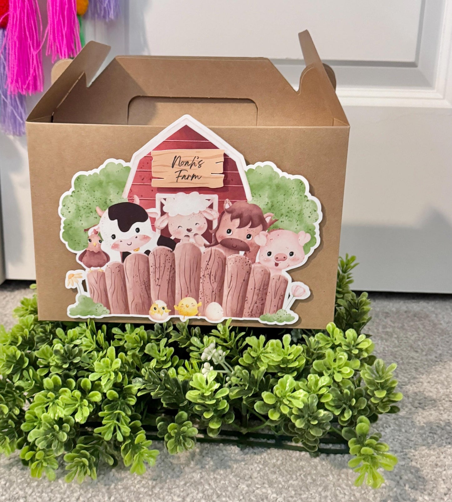Personalized farm favor boxes, custom barn gable box, goodie bags, barnyard birthday, birthday party bag, farm party favor