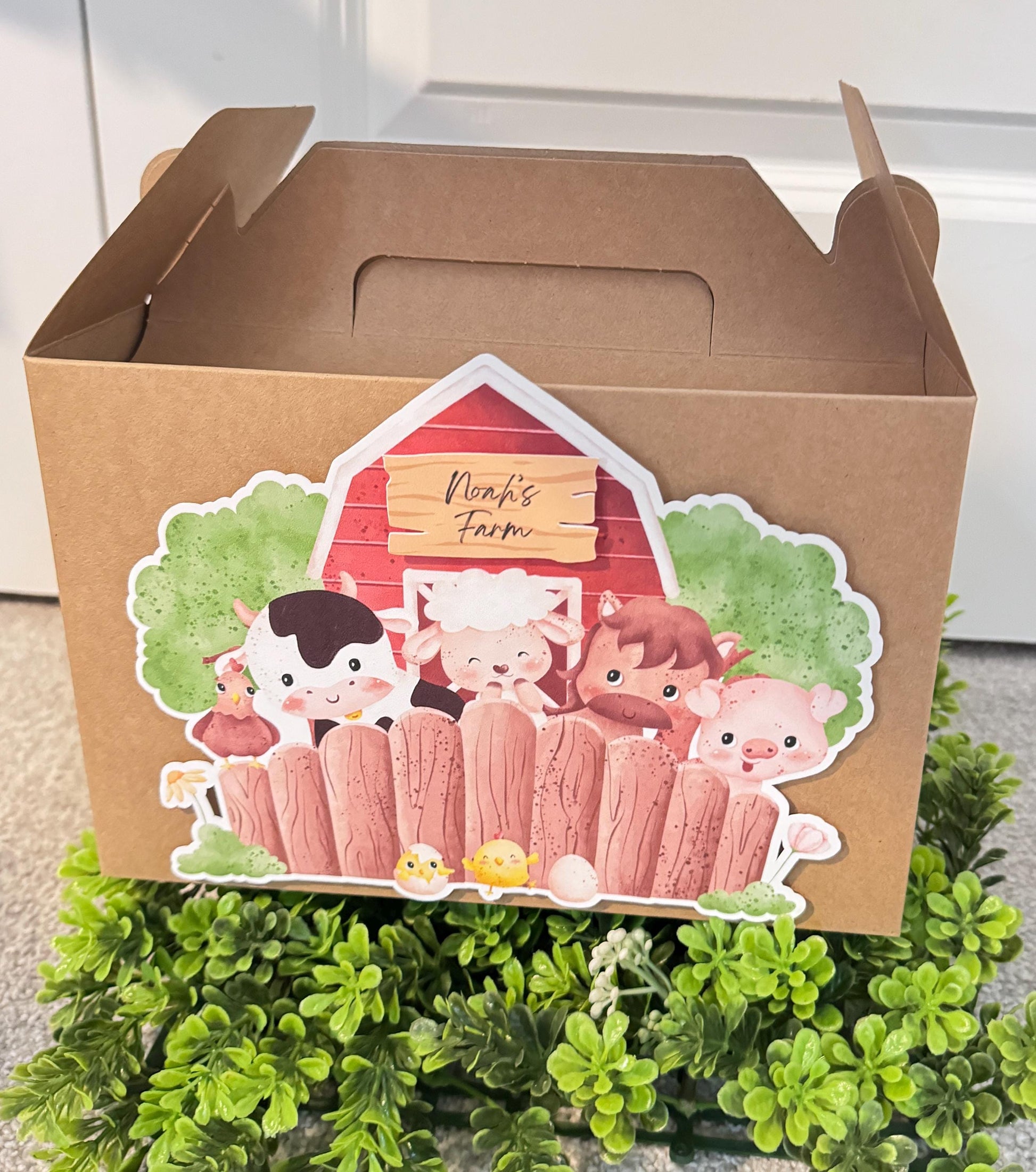 Personalized farm favor boxes, custom barn gable box, goodie bags, barnyard birthday, birthday party bag, farm party favor