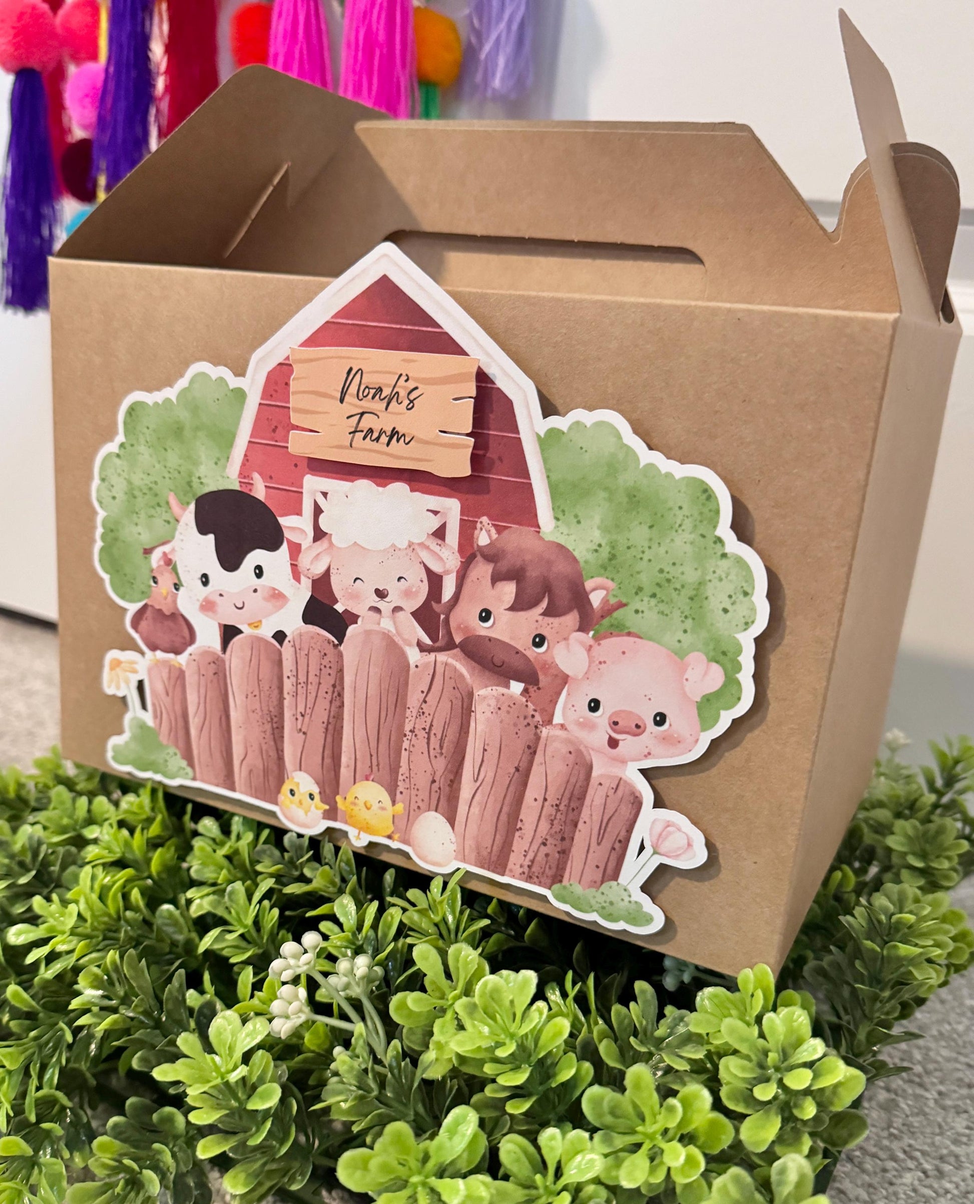 Personalized farm favor boxes, custom barn gable box, goodie bags, barnyard birthday, birthday party bag, farm party favor