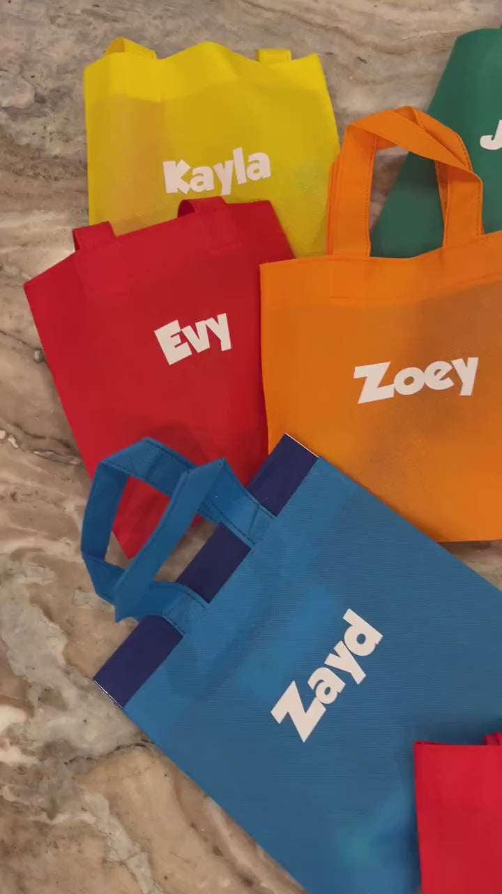 Personalized Favor bags for birthday parties, personalized bags for parties, rainbow-colored small favor bags, 8-inch tote bags  - SET OF 12
