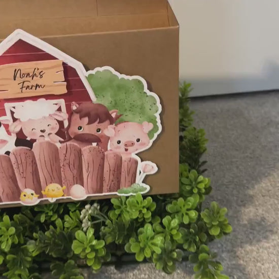 Personalized farm favor boxes, custom barn gable box, goodie  bags, barnyard birthday, birthday party bag, farm party favor