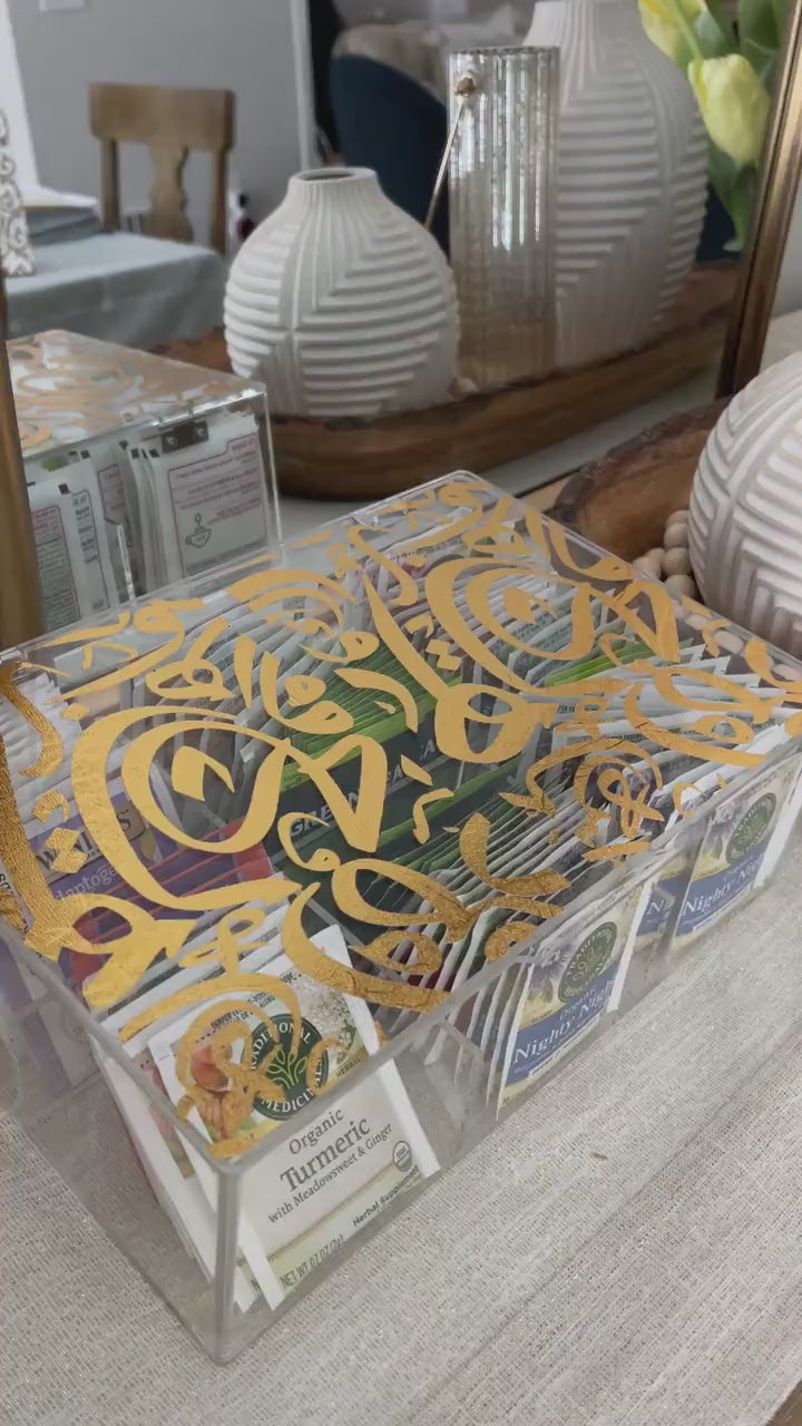 Islamic calligraphy tea box, acrylic tea box, gold plastic box for tea bags, Ramadan decoration tea storage